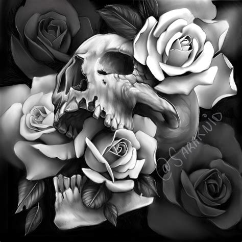Black And White Skull With Roses Tattoo Drawing Rose Tattoos Skulls
