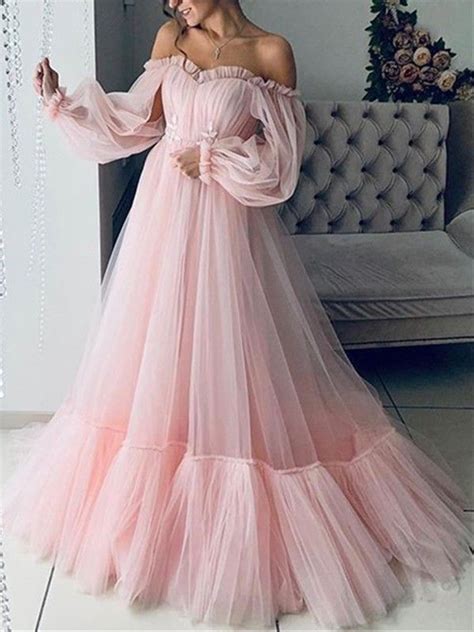 Pink Lace Off Shoulder Fluffy Tulle Grenadine Long Sleeve Prom Party