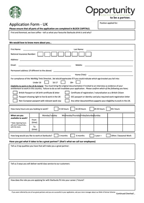 Application Form Uk Starbucks Coffee Company Printable Pdf Download