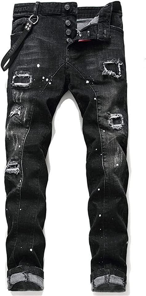 Men S Splatter Paint Ripped Jeans Patch Distressed Slim Denim Pants Straight Hip Hop Washed Jean