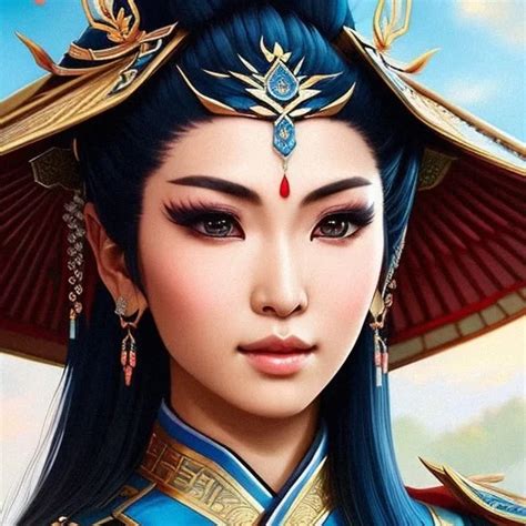 Ai Art Generator Old Asian Woman Female Black Hair Blue Samurai Face