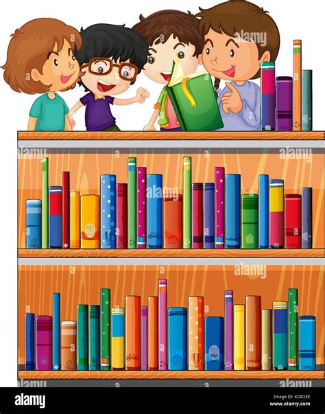Children Reading Books In Library Illustration Stock Vector Image And Art