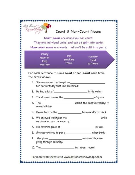 Grade Worksheets Count And Noncount Nouns Page Education Studocu