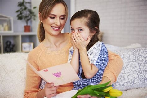 Young Mom Reading Mother`s Day Greeting Card Stock Image Image Of