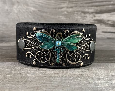 Hand Painted Dragonfly Leather Cuff Bracelet Black Distressed