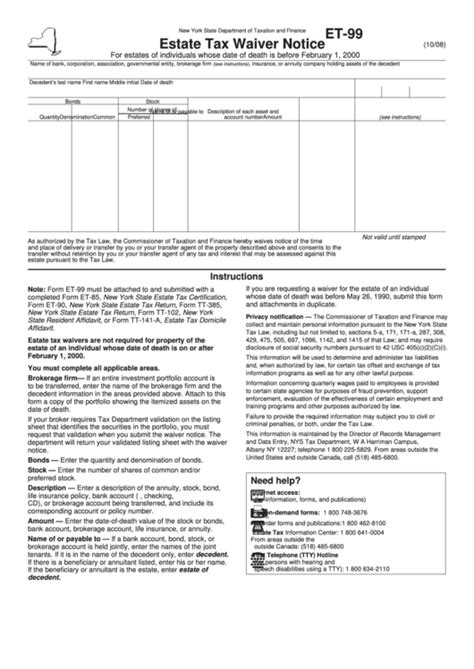 Maybe you would like to learn more about one of these? Form Et-99 - Estate Tax Waiver Notice - New York State Department Of Taxation And Finance ...