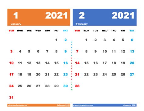 Printable Calendar 2021 January February 12 Templates