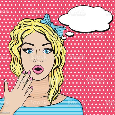 Vector Popart Cute Blonde Woman Surprised Face With Open Mouth Stock