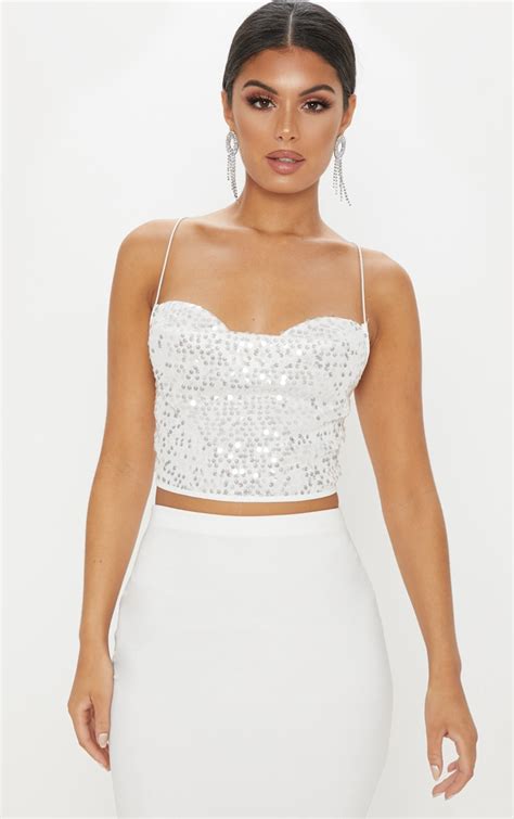White Cowl Neck Sequin Strappy Crop Top Prettylittlething