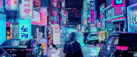 Download Wallpaper 2560x1080 Night City Street Umbrella