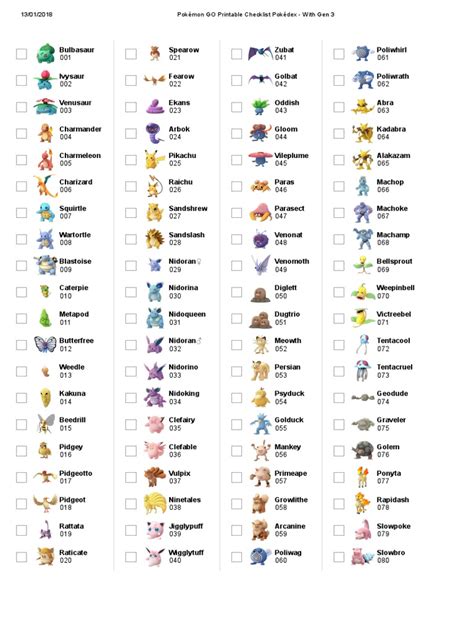 Pokémon Go Printable Checklist Pokédex With Gen 3 Pokémon Nintendo Franchises