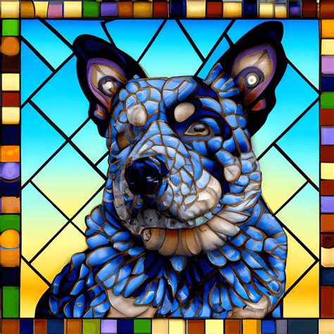 Blue Heeler Dog In Rectangle Floral Stain Glass · Creative Fabrica