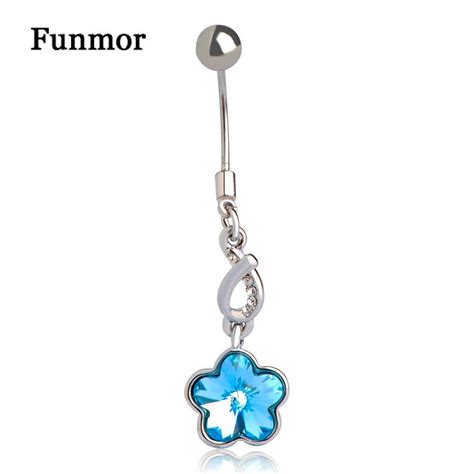 Funmor Small Flower Blue Crystal Pendant Belly Button Rings Women Girls