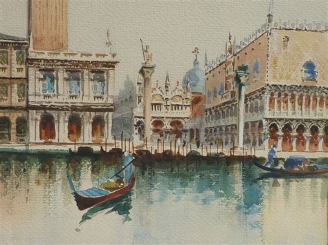 Italian Art Watercolor Painting Of Tower St Marks Basilica In Venice