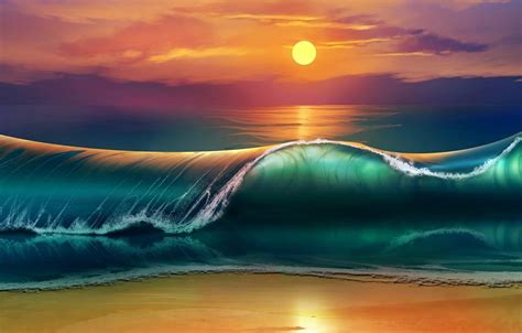 Wallpaper Waves Beach Sky Sea Nature Sun Sunset Art Clouds