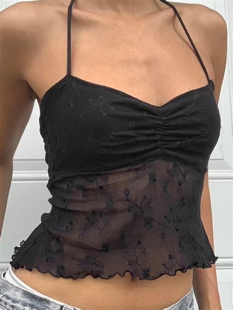 Women Sheer Lace Cami Crop Tops Y K Fairycore Backless Sleeveless See