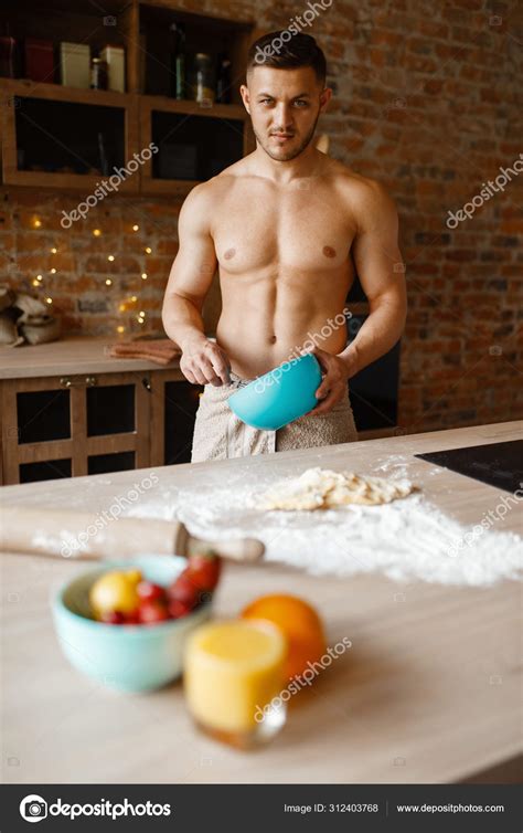 Nude Man Cooking Dessert Kitchen Naked Male Person Preparing Breakfast Stock Photo By