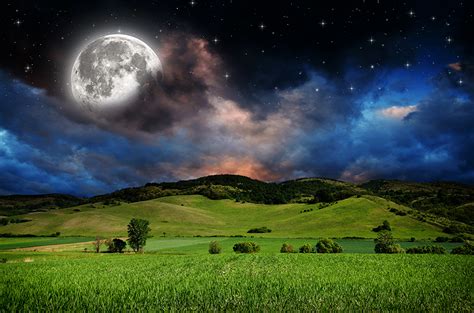 Images Stars Nature Sky Moon Hill Fields Meadow Landscape