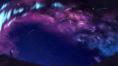 Hd Wallpaper Anime Original Aurora Borealis Comet Girl Sky Stars