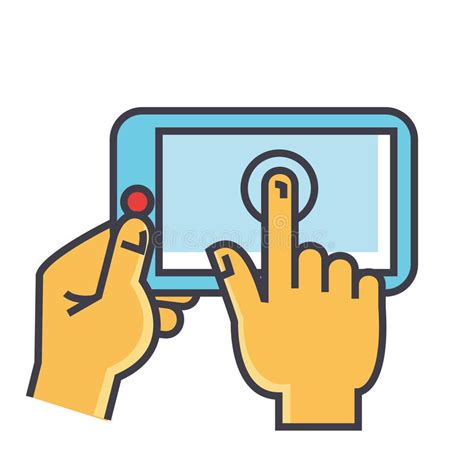 Hands Touching Tablet Line Icon Concept. Hands Touching Tablet Flat Vector Symbol, Sign, Outline ...