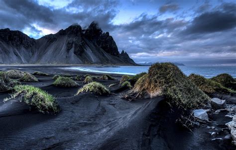 Wallpaper Sea Grass Clouds Mountains Shore Iceland Iceland Black
