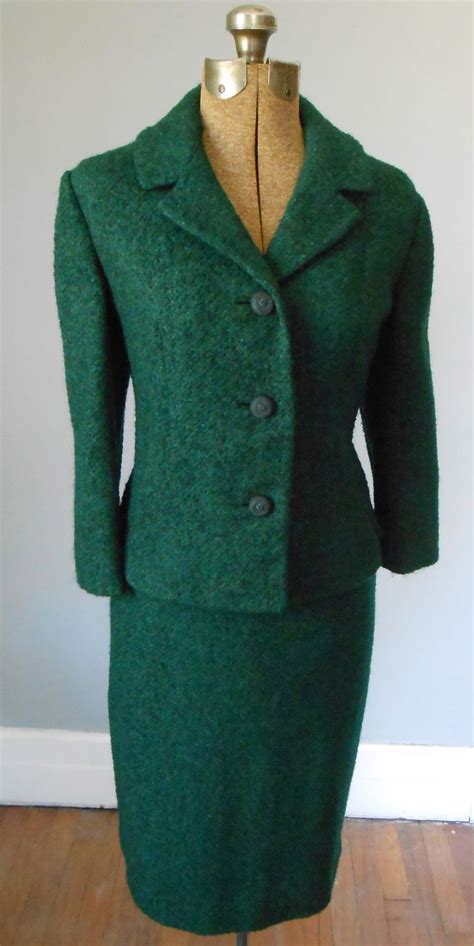 50s Emerald Green Wool Boucle Skirt Suit Retro Fashion Outfits