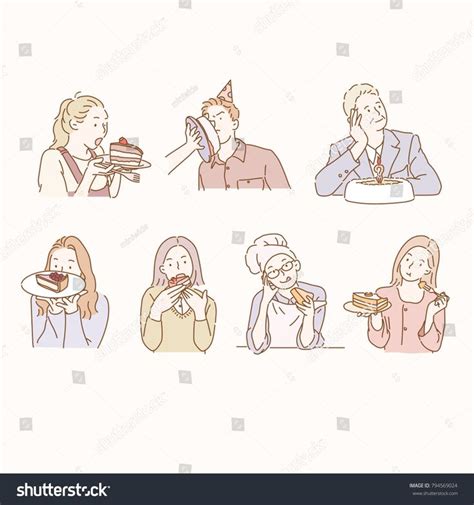 Various Characters Eating Cake Hand Drawn Style Vector Doodle Design