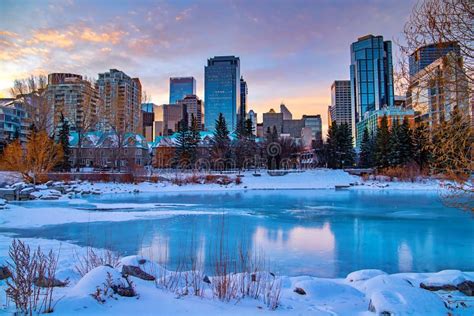 Sunrise Sky Over A Winter Downtown Calgary Park Stock Photo Image Of