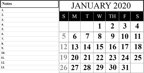 Lunar Calendar January 2020 Blank Printable Template Notes Printable