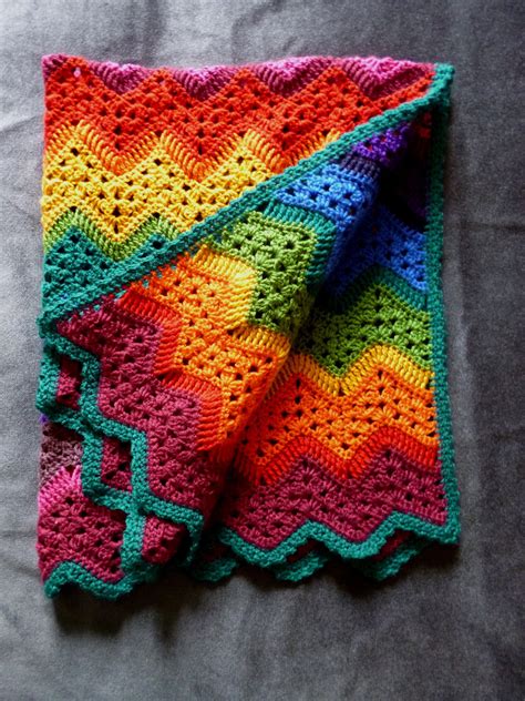 Crochet Rainbow Waves Baby Blanket Handmade Multi Coloured Chevron