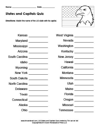 Us States And Capitals Quiz Tims Printables