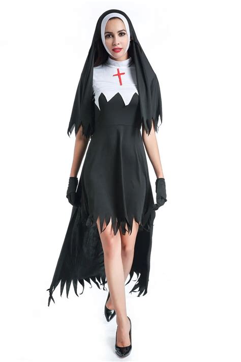Virgin Mary Nuns Costumes For Women Sexy Long Black Nuns Costume Arabic Religion Monk Ghost