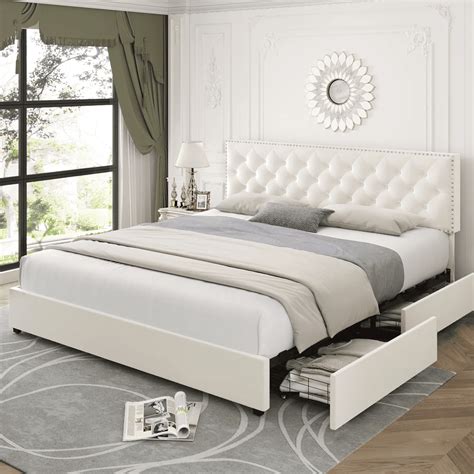 Homfa King Size Storage Bed With 4 Drawers Button Tufted Upholstered