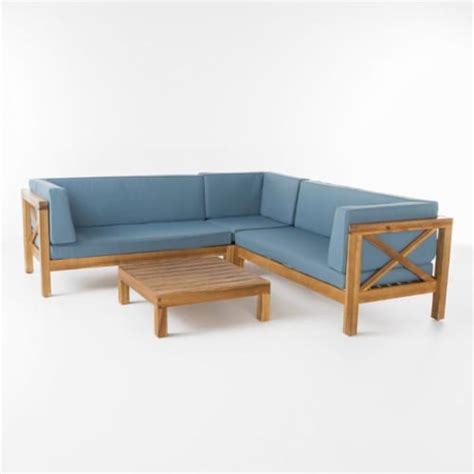 Noble House Brava 4 Piece Outdoor Acacia Wood Sectional Sofa Set In