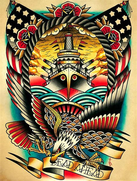 Dead Ahead By Tyler Bredeweg Ship Traditional Tattoo Canvas Art Print
