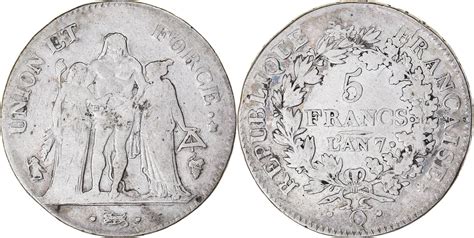 France 5 Francs An 7 Q Coin Union Et Force Perpignan Silver Vf30 35