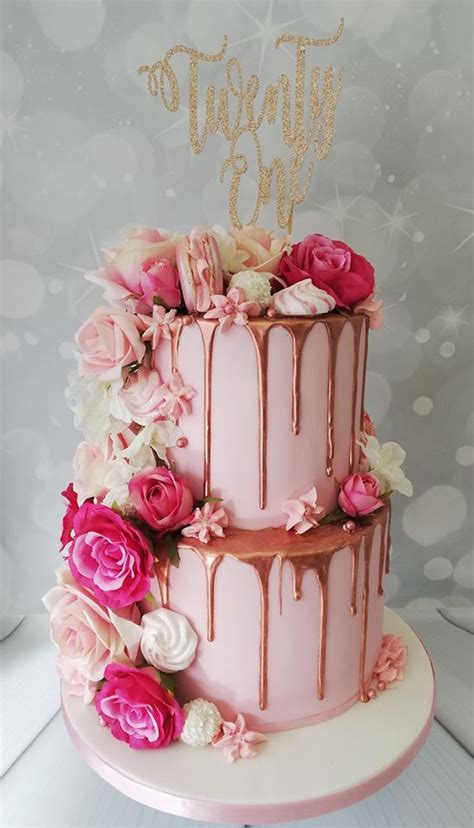 2 Tier 21st Cake With Rose Gold Drip Roses Macaron S And Meringue Kisses 25th Birthday Cakes