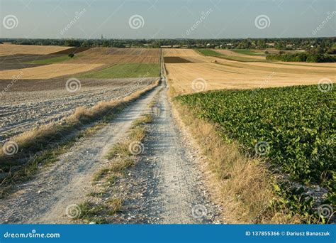 A Very Long Straight Road Through Fields Horizon And Sky Stock Photo