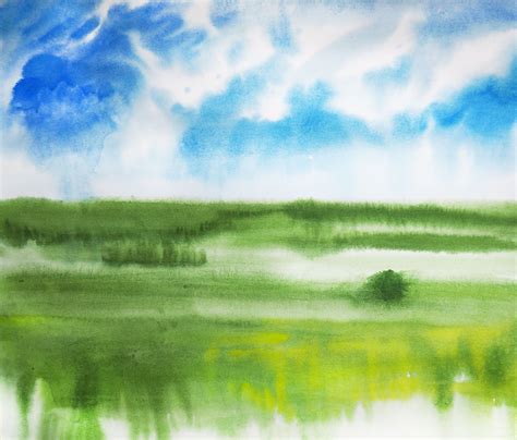 Watercolor Summer Landscape And Nature Field And Tree By