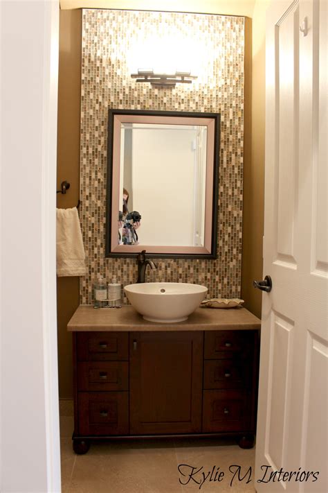 Powder Room Bathroom With Dark Vanity Vessel Sink Full Height Mosaic