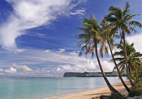guam beach early morning in tumon bay guam with two palm trees and two lover s point in the
