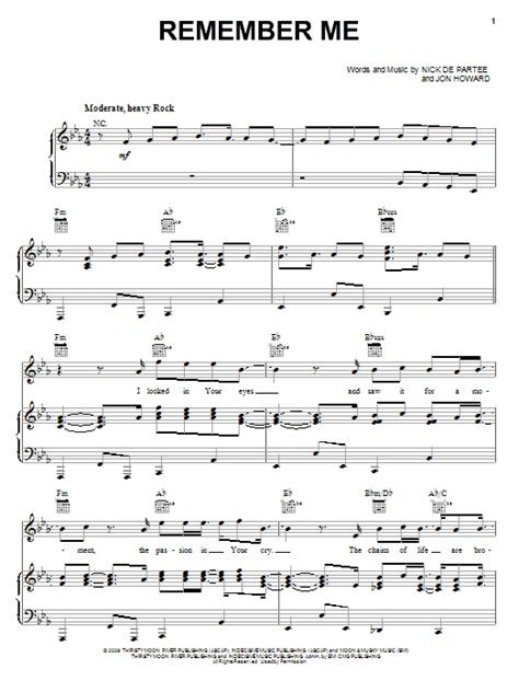 Remember Me Sheet Music Kutless Piano Vocal And Guitar Right Hand