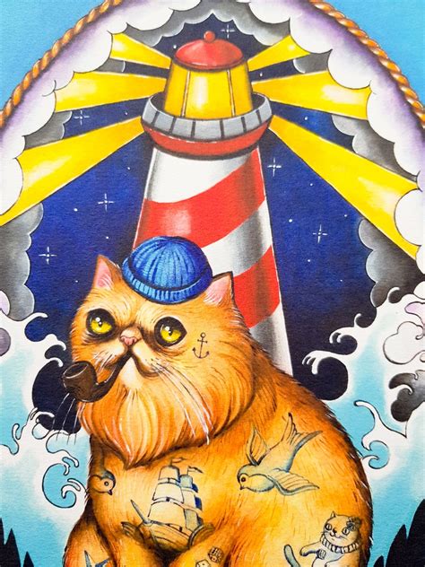 Bearded Sailor Cat With Lighthouse Sailor Jerry Tattoos Etsy