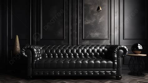 Black Leather Sofa In A Dark Room Background 3d Rendering Retro Black