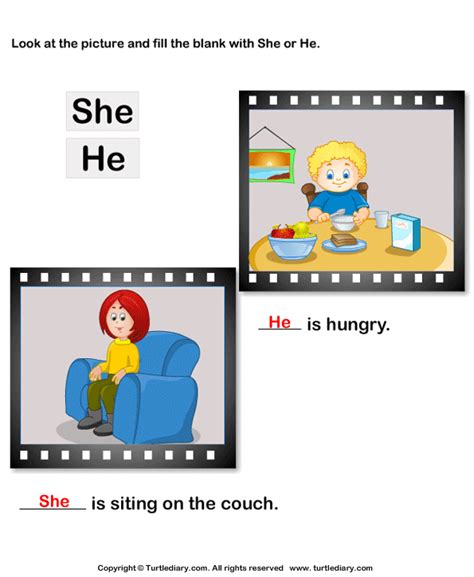 English pronouns worksheets for kindergarten with printable.kids will be able to fill in the blanks come visit and explore the following printable worksheets to help children practice and improve their key skills. Fill in the Blank with She or He Worksheet - Turtle Diary