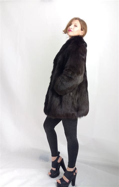 real fur coat woman real fox fur coat black fox coat real etsy uk