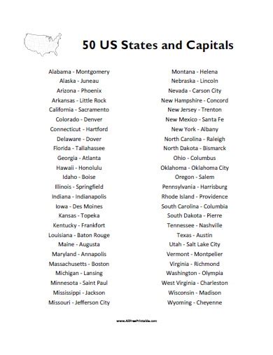 50 States And Capitals List Free Printable