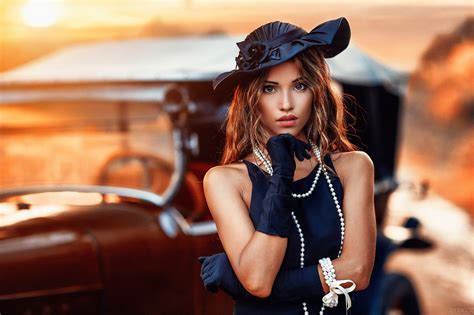 Wallpaper Women Model Black Dress Car Brunette Glasses Looking At Viewer Hat Pearl