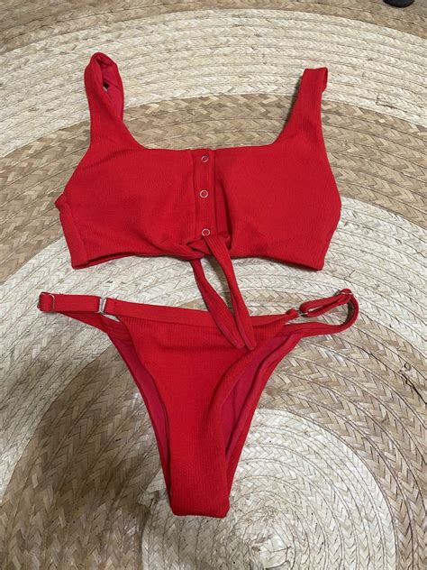 Red Buttoned Adjustable Two Piece Bikini Womens Fashion Swimwear