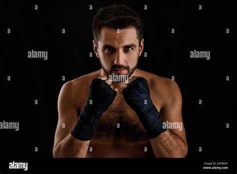 Muscular Boxing Man Ready To Fight On Black Background Stock Photo Alamy